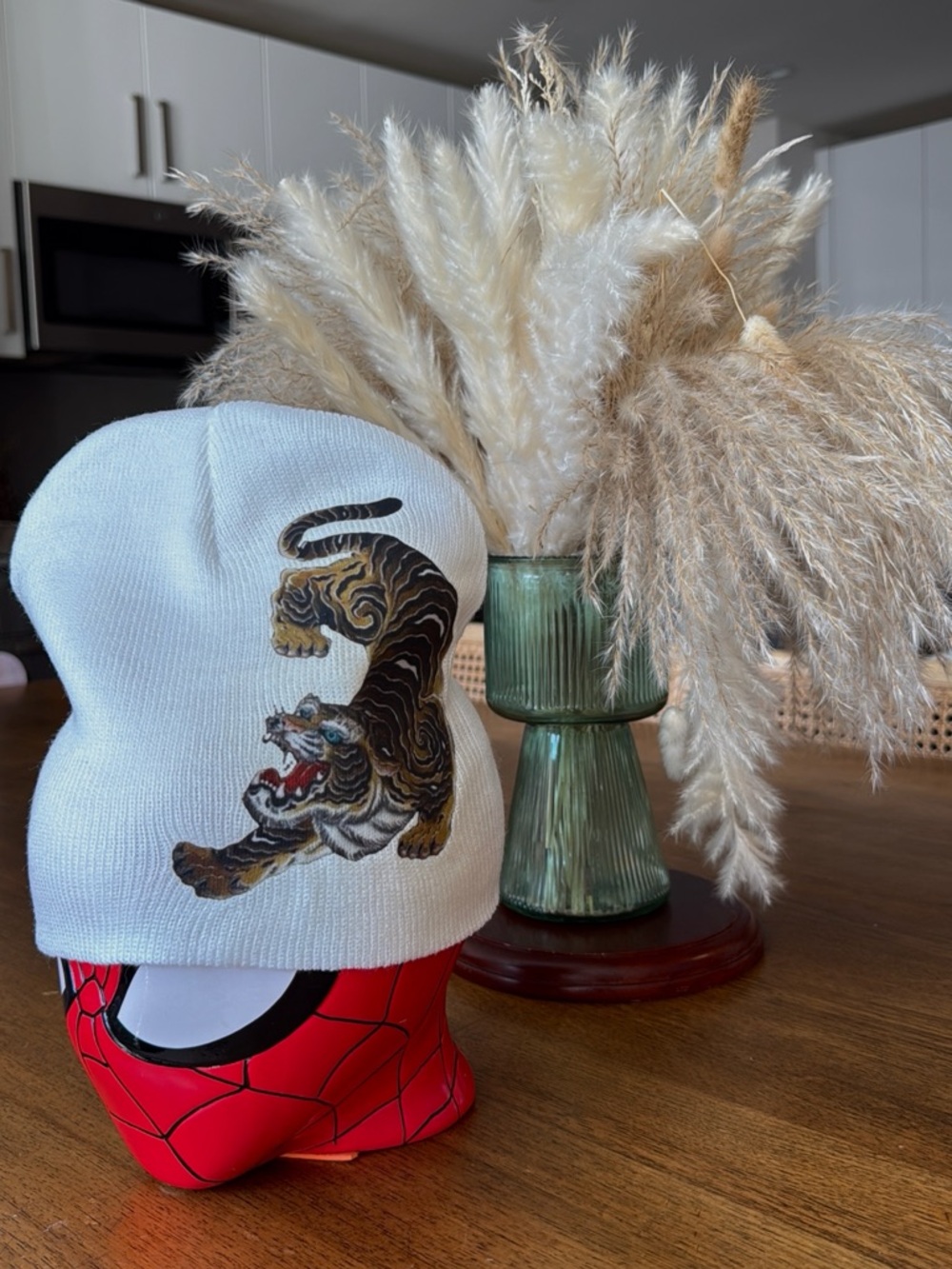White Beanie with Embroidered Tiger Patch